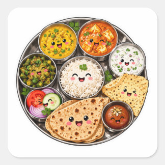 Cuadrada Pegatina de Thali Hindú Kawaii, Plato de Comida Hi