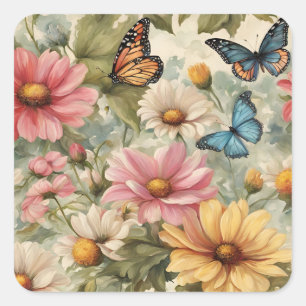 Cuadrada Pegatina De Trabajo De Flores Y Mariposas