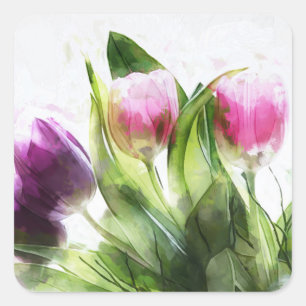 Cuadrada Pegatina de tulipanes rosas y púrpura a la acuarel