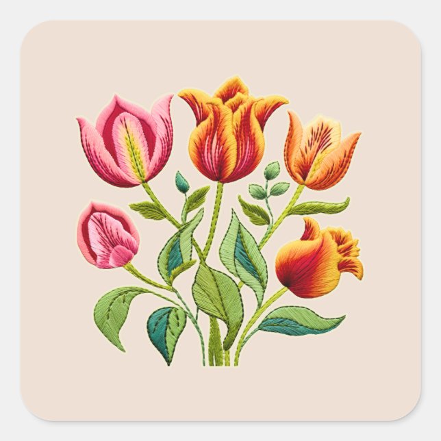 Cuadrada Pegatina de un ramo de tulipanes rojos (Anverso)