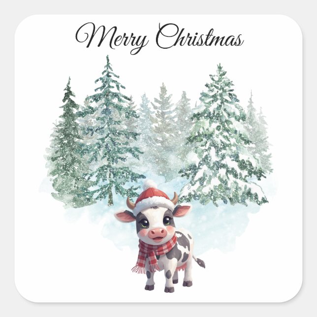 Cuadrada Pegatina de Vaca de Navidad (Anverso)