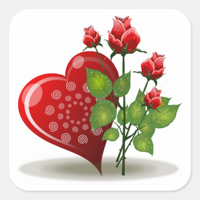 CUADRADA PEGATINA DE VALENTINE RED HEART Y RED ROSES SQUARE (Anverso)