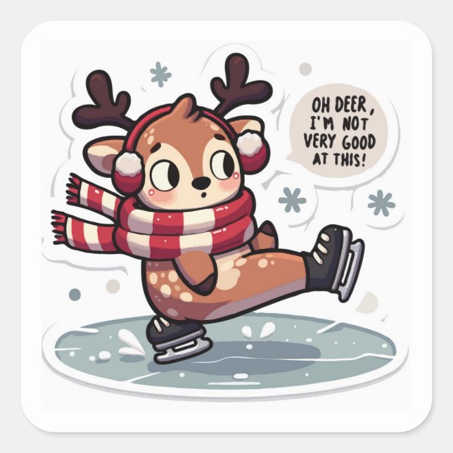 Cuadrada Pegatina de venado de invierno - Patinaje Adorable (Anverso)