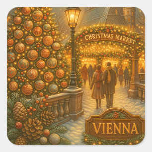 Cuadrada Pegatina de viaje vintage del mercado de Navidad d