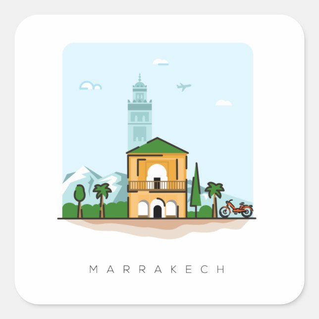 Cuadrada Pegatina de viajes de Marruecos en Marrakech (Anverso)
