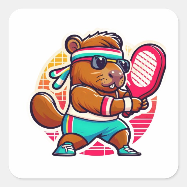 Cuadrada Pegatina de vinilo Capybara jugador de pickleball  (Anverso)