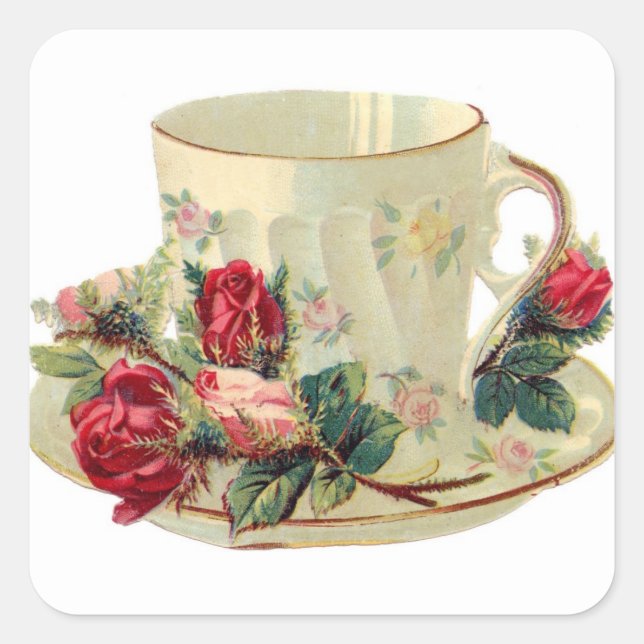 Cuadrada Pegatina de Vintage Teacup y Rosas (Anverso)