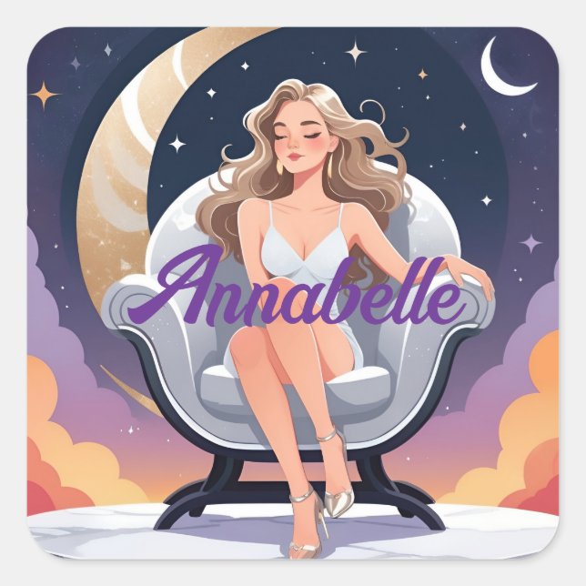 Cuadrada Pegatina de Woman Moon Stars Nubes (Anverso)