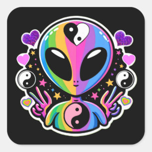 Cuadrada Pegatina de Yin Yang Alien Arcoíris Signo de Paz