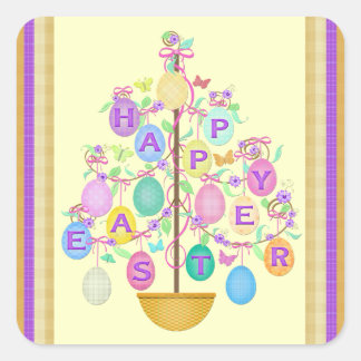 Cuadrada Pegatina del árbol de huevos de saludo de Pascua