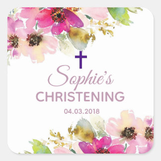 Cuadrada Pegatina del bautismo de cristianismo floral morad