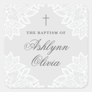 Cuadrada pegatina del bautismo de encaje vintage