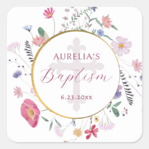 Cuadrada Pegatina del bautismo en círculo de flores silvest