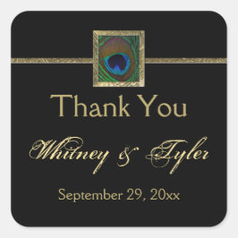 Cuadrada Pegatina del Boda de plumas de pavo real negro y o