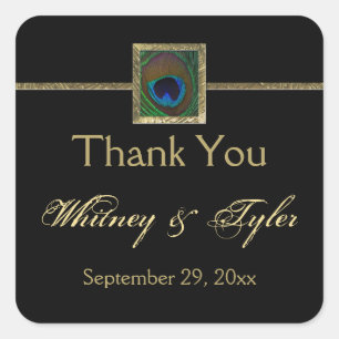 Cuadrada Pegatina del Boda de plumas de pavo real negro y o