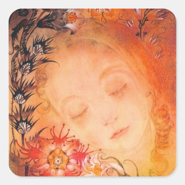 Cuadrada Pegatina del Chica Vintage durmiente (Anverso)