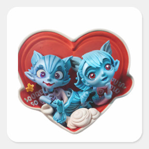 Cuadrada Pegatina del corazón rojo con dos gatos azules - L