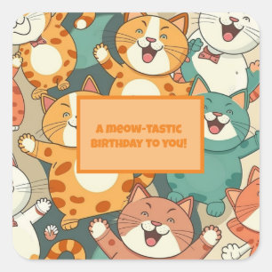 Cuadrada pegatina del "Cumpleaños Meow-tastic" con gatos fe