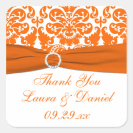 Cuadrada Pegatina del  de la boda blanca y Naranja Damask