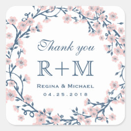 Cuadrada Pegatina del  del Favor de la Boda de Cerezo Rosa