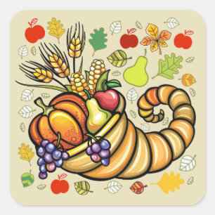 Cuadrada Pegatina del Día de Acción de Gracias Cornucopia -