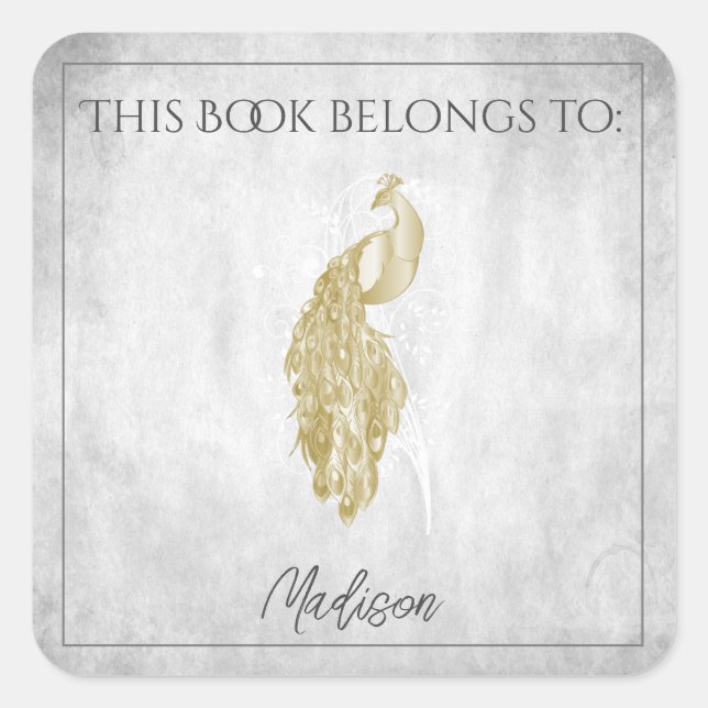 Cuadrada Pegatina del Libro de Peacock Elegante de Oro (Anverso)