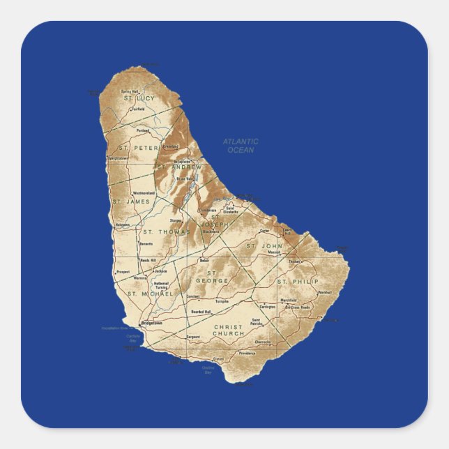 Cuadrada Pegatina del mapa de Barbados (Anverso)