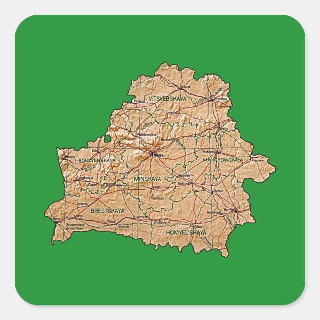 Cuadrada Pegatina del mapa de Bielorrusia (Anverso)