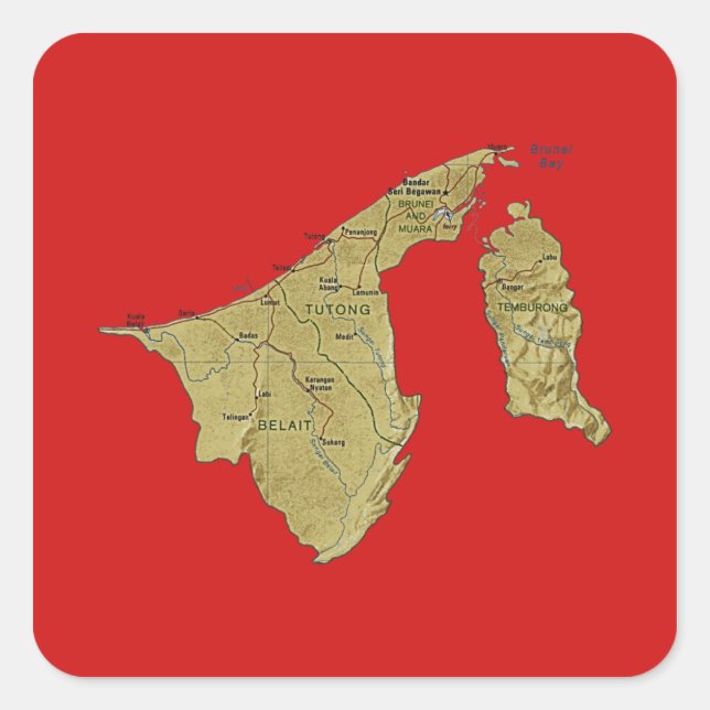Cuadrada Pegatina del mapa de Brunéi (Anverso)