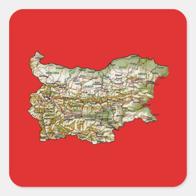 Cuadrada Pegatina del mapa de Bulgaria (Anverso)