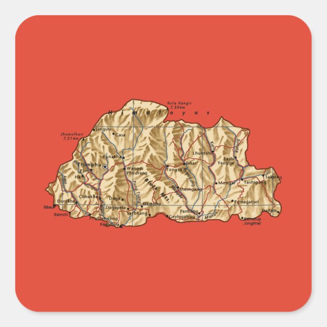 Cuadrada Pegatina del mapa de Bután (Anverso)
