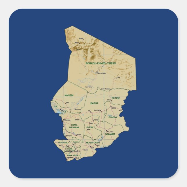 Cuadrada Pegatina del mapa de Chad (Anverso)