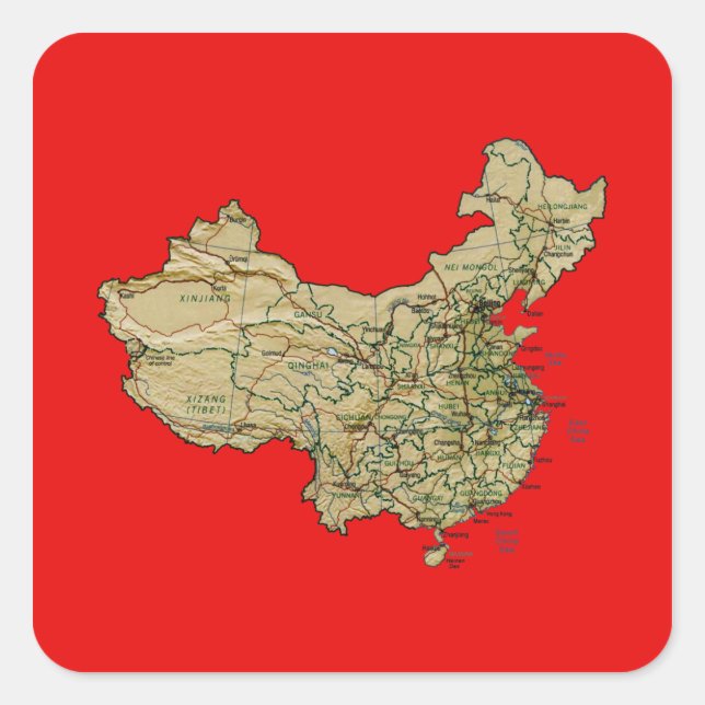 Cuadrada Pegatina del mapa de China (Anverso)