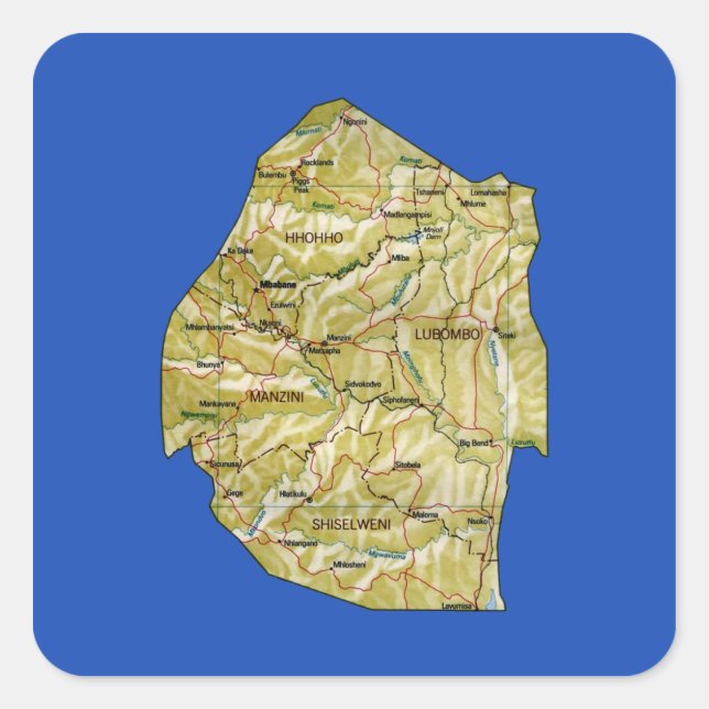 Cuadrada Pegatina del mapa de Eswatini (Anverso)
