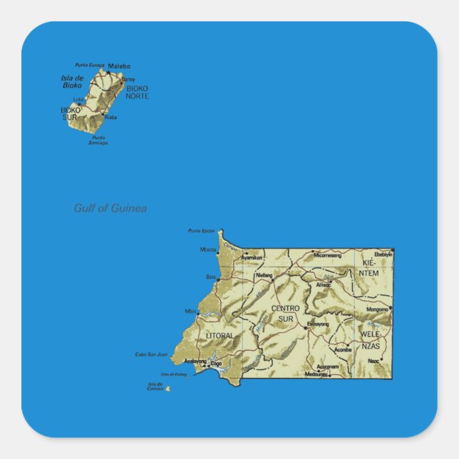 Cuadrada Pegatina del mapa de Guinea Ecuatorial (Anverso)