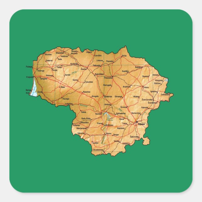 Cuadrada Pegatina del mapa de Lituania (Anverso)
