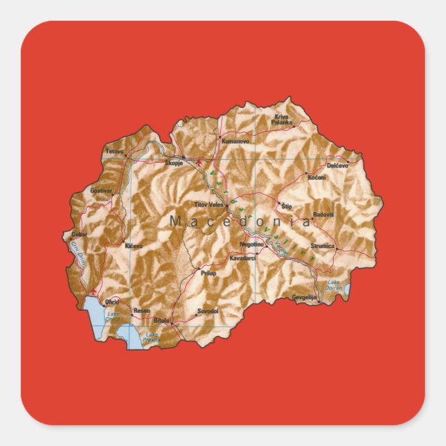 Cuadrada Pegatina del mapa de Macedonia del Norte (Anverso)