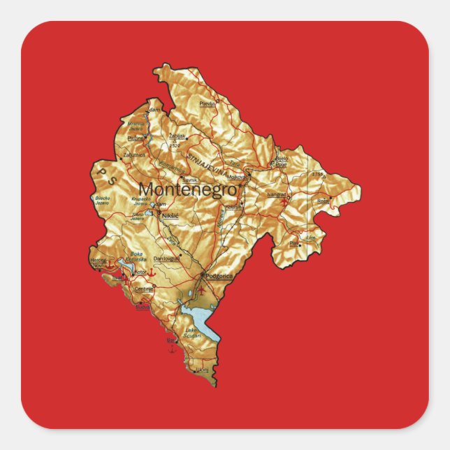 Cuadrada Pegatina del mapa de Montenegro (Anverso)