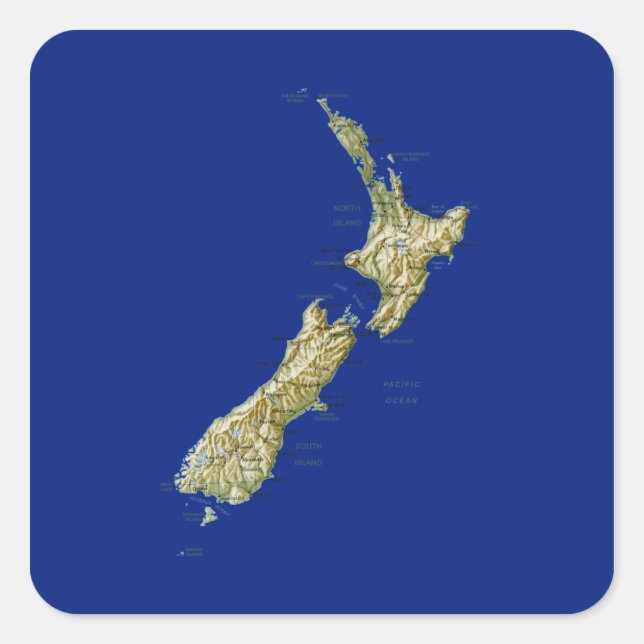 Cuadrada Pegatina del mapa de Nueva Zelanda (Anverso)