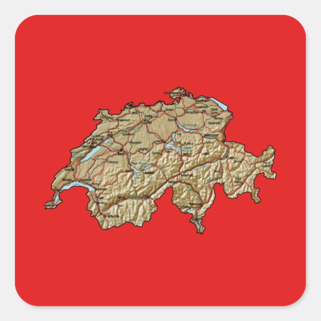 Cuadrada Pegatina del mapa de Suiza (Anverso)