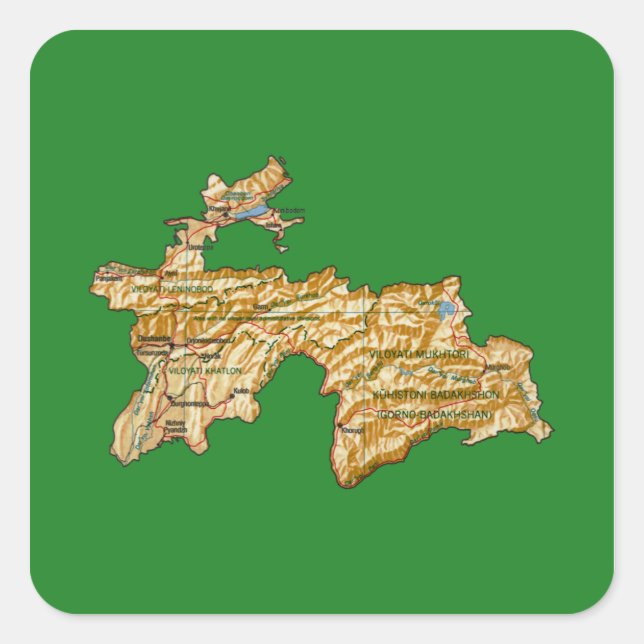 Cuadrada Pegatina del mapa de Tayikistán (Anverso)