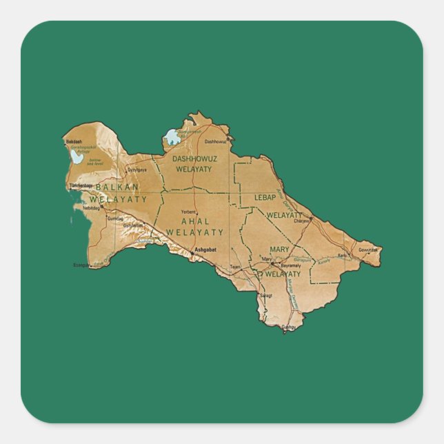 Cuadrada Pegatina del mapa de Turkmenistán (Anverso)