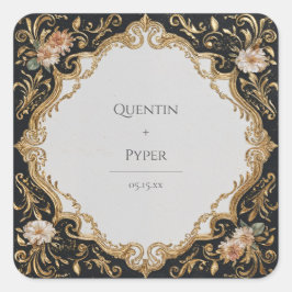 Cuadrada Pegatina del marco floral negro y dorado