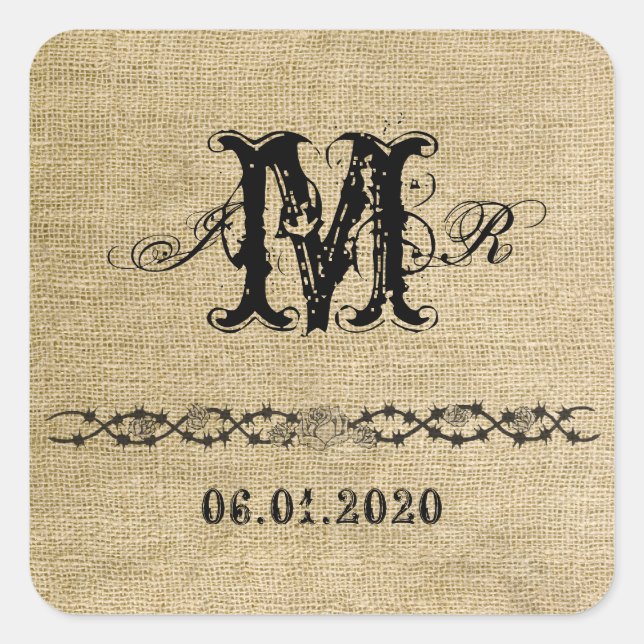 Cuadrada Pegatina del Monograma de Burlap Occidental (Anverso)