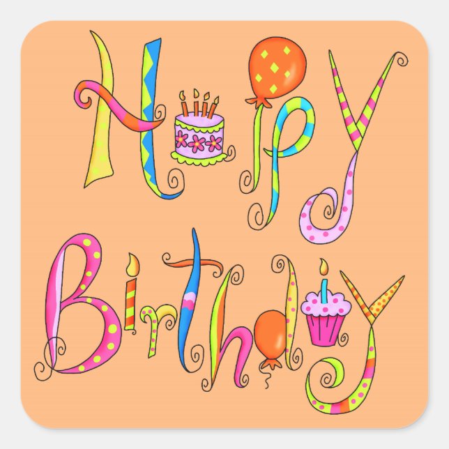 Cuadrada Pegatina del Naranja de cumpleaños feliz (Anverso)