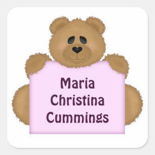 Cuadrada Pegatina del nombre del oso de peluche (rosa)