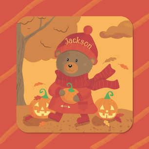 Cuadrada Pegatina del Oso Marrón Otoño