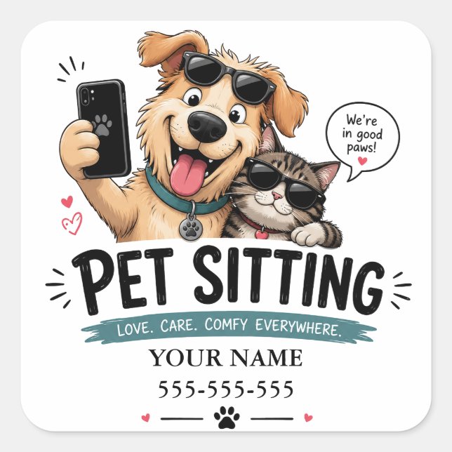 Cuadrada Pegatina divertida de cuidador de mascotas con nom (Anverso)