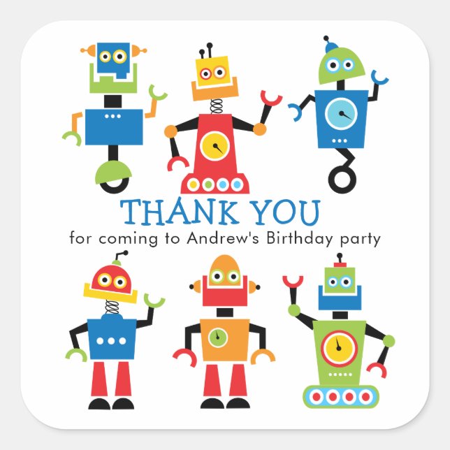Cuadrada Pegatina divertida de cumpleaños de robot (Anverso)