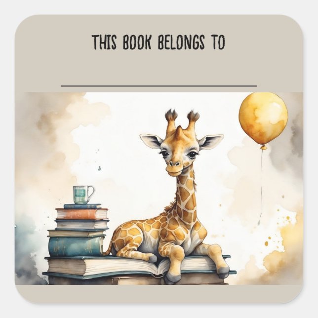 Cuadrada Pegatina Editable Giraffe and Books Bookplate (Anverso)